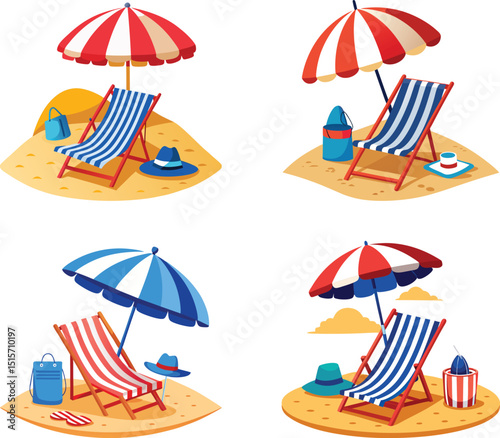 Beach scene with striped umbrellas beach chairs and accessories summer vacation relaxation vector illustration