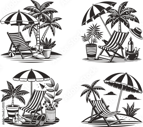 Beach vacation paradise relaxing chairs umbrellas palm trees summer fun ink sketch black and white engraving monochrome vector illustration