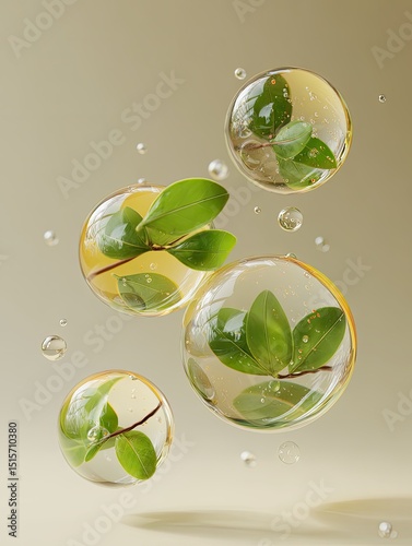 Four translucent spheres, containing sprigs of vibrant green leaves, float against a muted beige backdrop; smaller droplets disperse around them