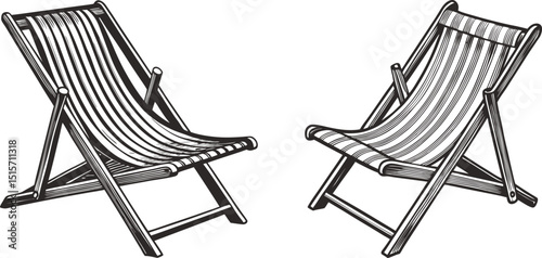 Two striped deck chairs relaxing summer holiday beach vacation leisure time ink sketch black and white engraving monochrome vector illustration