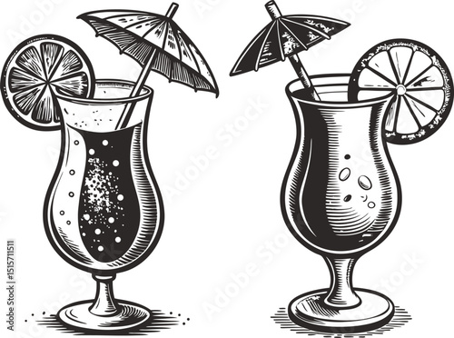 Two tropical cocktails with umbrellas and orange slices refreshing summer drinks ink sketch black and white engraving monochrome vector illustration
