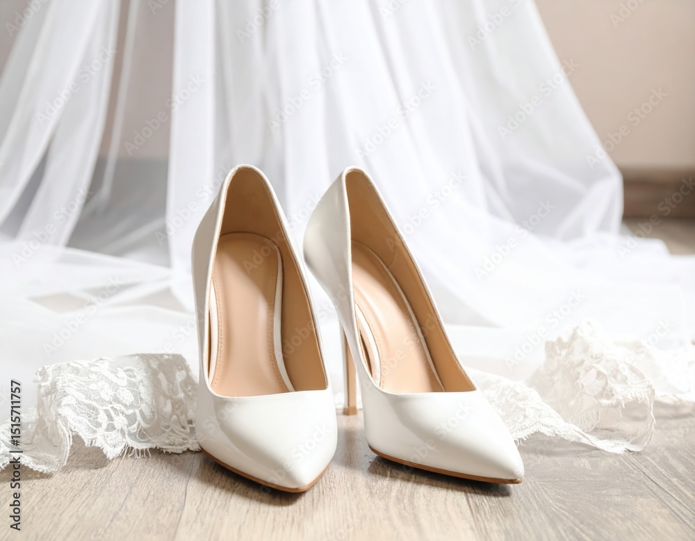 Elegant white bridal high heels with lace garter on wooden floor against flowing wedding dress fabric Elegant white bridal high heels with lace garter on wooden floor against flowing wedding dress fabric
