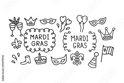 Hand Drawn Mardi Gras Doodle Icon Set – Masks, Crowns, Balloons, and Party Elements Vector