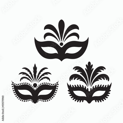 Silhouette Carnival Mask Set Isolated on White Background, Vector Illustration