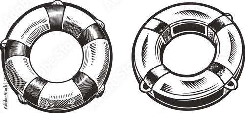 Two life preservers shown from different angles a detailed ink sketch black and white engraving monochrome vector illustration