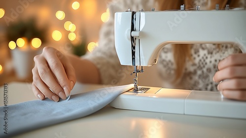 Woman using sewing machine to sew light blue fabric