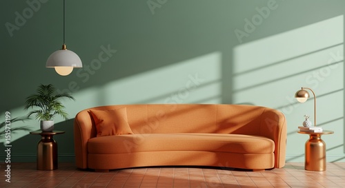 Sunlit Orange Sofa in a Sage Green Room with Gold Accents
