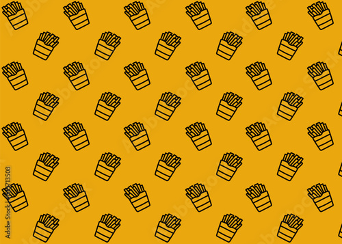 A French fries illustration pattern with yellow background, food packaging, menu illustration hand drawn print ads, food business, restaurant