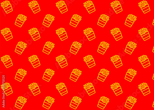A French fries illustration pattern with red background, food packaging, menu illustration hand drawn print ads, food business, restaurant