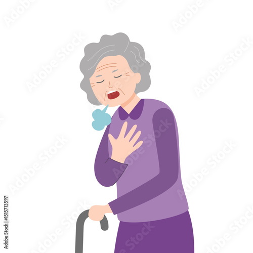 Senior woman pressing against her chest with a shortness of breath symptom in flat design on white background. Difficulty breathing.