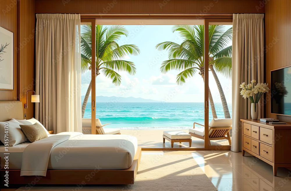 Fototapeta premium The interior of the hotel room with a view of the ocean for a beach holiday and travel.