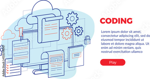 Flat Line Coding Illustration Concept – Cloud Programming and Web Development EPS, Vector illustration of coding and programming concept in flat line art style. Features cloud computing, gears, coding