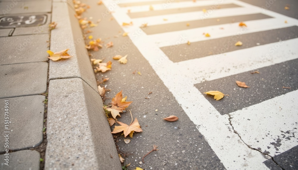 Fototapeta premium Autumn leaves scattered on crosswalk in morning sunlight