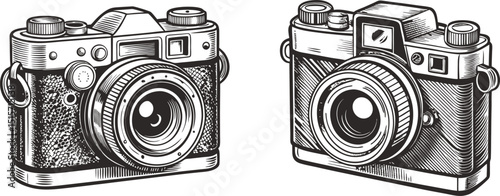 Two vintage cameras ink sketch black and white engraving monochrome vector illustration