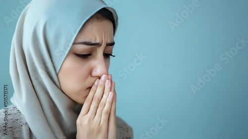Anxious veiled woman with hands clasped