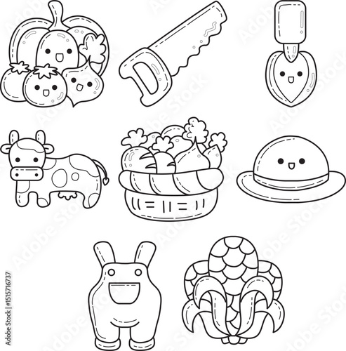 Coloring pages of farmer items illustration.