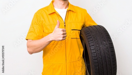 A tire technician holding a tire and giving a thumbs up, conveying expertise.