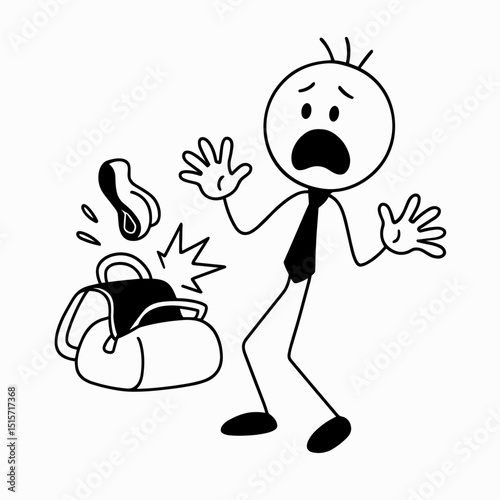 Stick figure shocked by object flying from bag in black and white