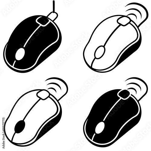 Four wireless computer mouse icons black and white