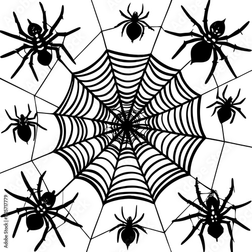 Black spiders on a circular spiderweb