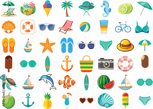 Summer holiday tour, beach element set, umbrella, cocktail, ice cream, palm, tree, hat, seahorse, lime, chair, seashell, lifeguard, sunglasses, flip, flops, vacation concept vector illustrations