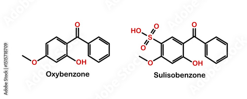 Chemical structure of UVA and UVB blocker. Oxybenzone and sulisobenzone.