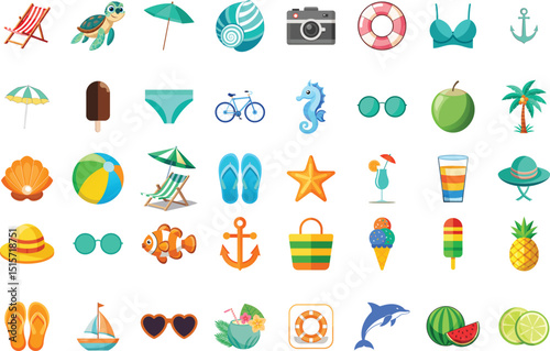 Summer holiday tour, beach element set, umbrella, cocktail, ice cream, palm, tree, hat, seahorse, lime, chair, seashell, lifeguard, sunglasses, vacation concept vector illustrations