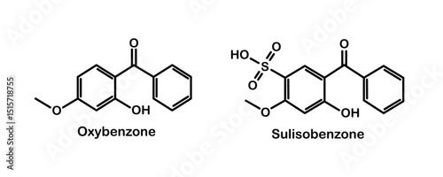 Chemical structure of UVA and UVB blocker. Oxybenzone and sulisobenzone.