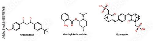 Chemical structure of UVA blocker. Avobenzone, menthyl anthranilate, and ecamsule.