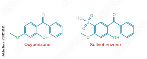 Chemical structure of UVA and UVB blocker. Oxybenzone and sulisobenzone.