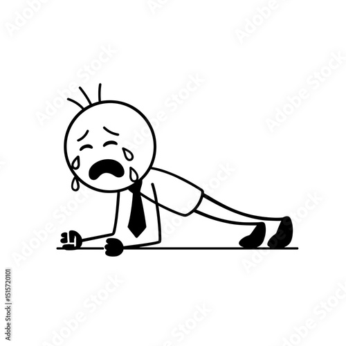 Stick figure crying during plank workout in black and white