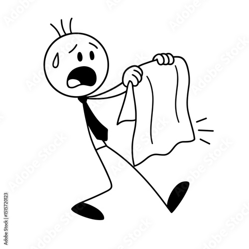 Frightened stick figure holding towel in black and white