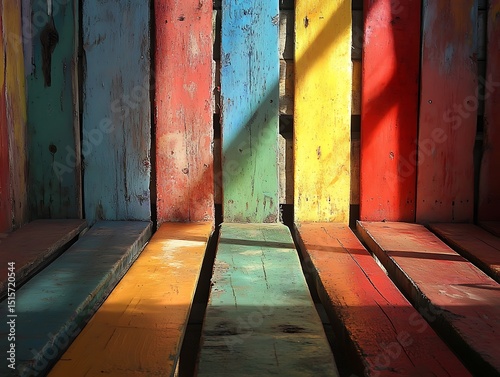 Chromatic Harmony: A Vivid Array of Painted Wood Planks Illuminated by Sunlight