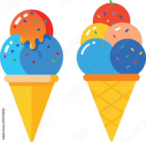Two colorful ice cream cones with sprinkles and melting ice cream delicious summer treats