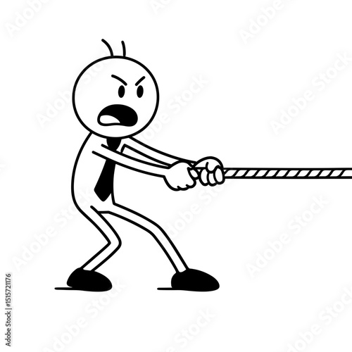 Angry stick figure playing tug of war in black and white