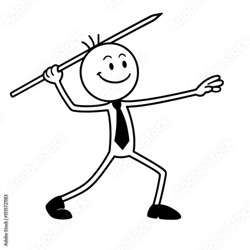 Smiling stick figure throwing javelin in black and white
