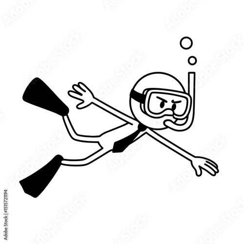 Stick figure snorkeling underwater in black and white