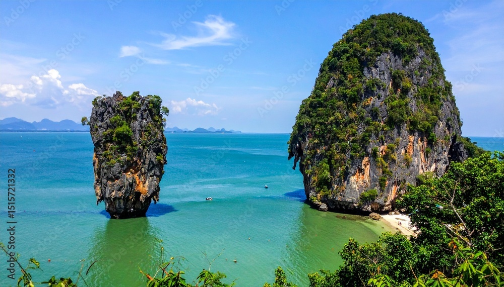 Obraz premium A serene seascape showcasing towering rock formations emerging from the turquoise ocean under a vibrant sky. A beautiful scene that captures the natural beauty of the environment