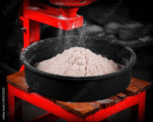 Flour being dispensed from a machine into a bowl