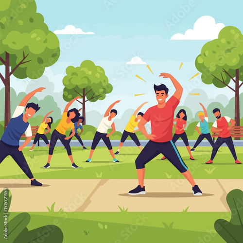 Group Exercising in Park Doing Side Bends with Fitness Instructor