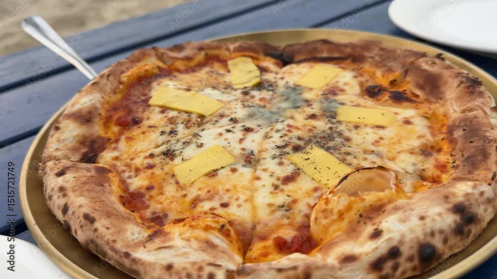 pizza four cheeses delicious traditional italian pizza. Hand picking up a slice of pizza, close up. Cheese stretching from a slice of pizza. Four cheese pizza. Side view. Yummy lunch