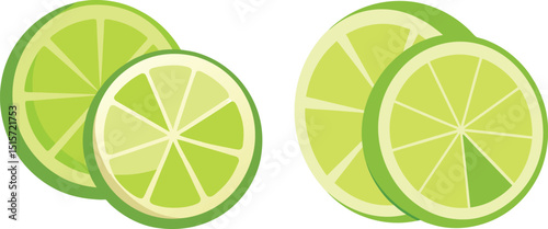 Two lime slices illustrated in a simple graphic style showing different angles of the fruit