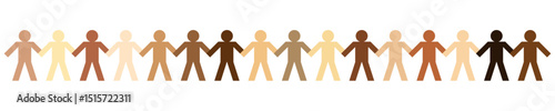Diverse paper cut human chain vector showing people of different skin colors holding hands. Ideal for unity, diversity, equality, inclusion, teamwork, and global human rights design themes.