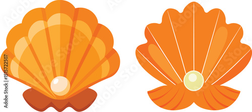 Two orange seashells each holding a pearl on white background simple illustration