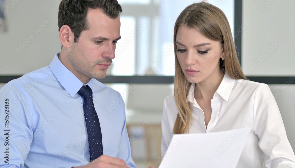 Two people, a man and a woman, reviewing a document together in a professional setting. They both appear focused and engaged Two people, a man and a woman, reviewing a document together in a professional setting. They both appear focused and engaged