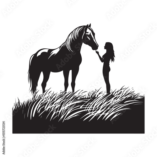 Woman Gently Interacting With a Horse in the Field on a Sunny Peaceful Day