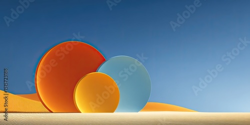 Three vibrant, overlapping circles in orange and blue hues stand in a desert landscape under a clear blue sky