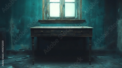 Atmospheric tableau: an aged writing desk positioned beneath a window in a decayed room