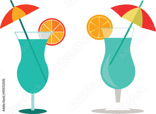 Two refreshing turquoise cocktails garnished with orange slices and cocktail umbrellas a perfect summer treat