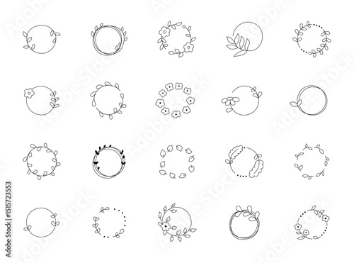 Round frame botanical outline line art set designed with hand drawn decorative shapes for yours refined nature themed illustrative and foliage creative designs projects